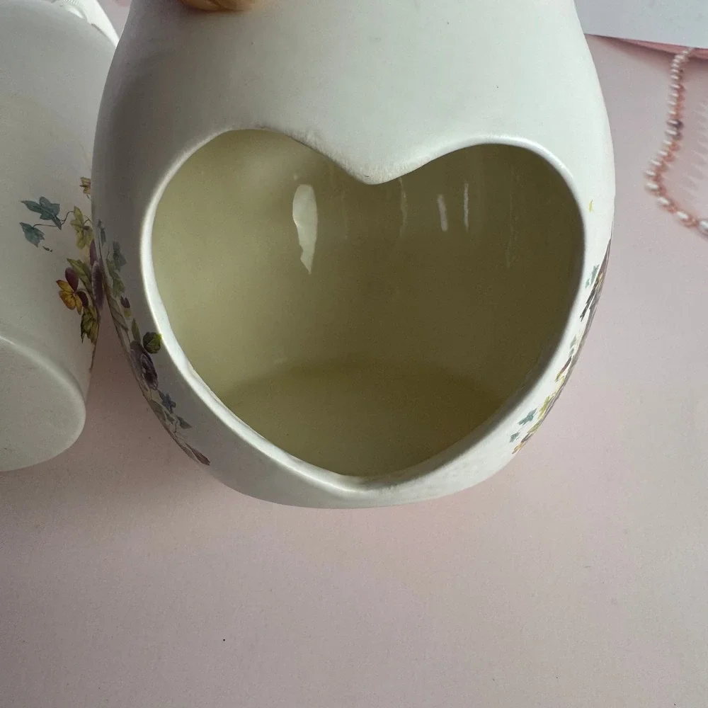Vintage Birdhouse Pansy Ceramic Soap Dispenser and Heart Wax Warmer Set White